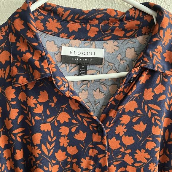 Eloquii Navy and Rust Long Sleeve Floral Button Front Shirt Dress Size 20 - Picture 2 of 6